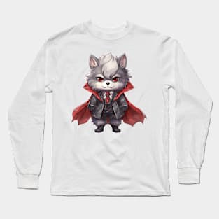 Cartoon Gray Wolf in Dracula Costume Long Sleeve T-Shirt